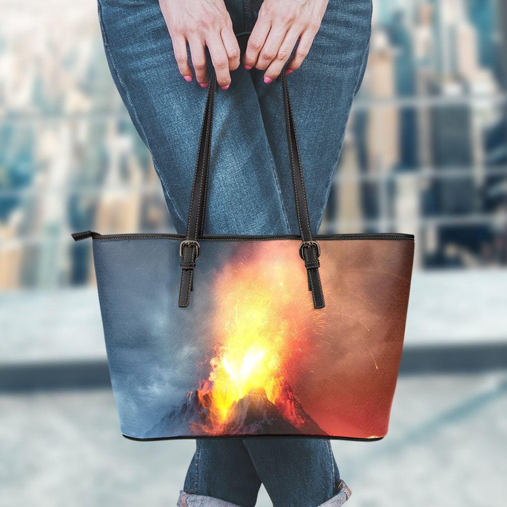 Volcano Eruption Print Leather Tote Bag