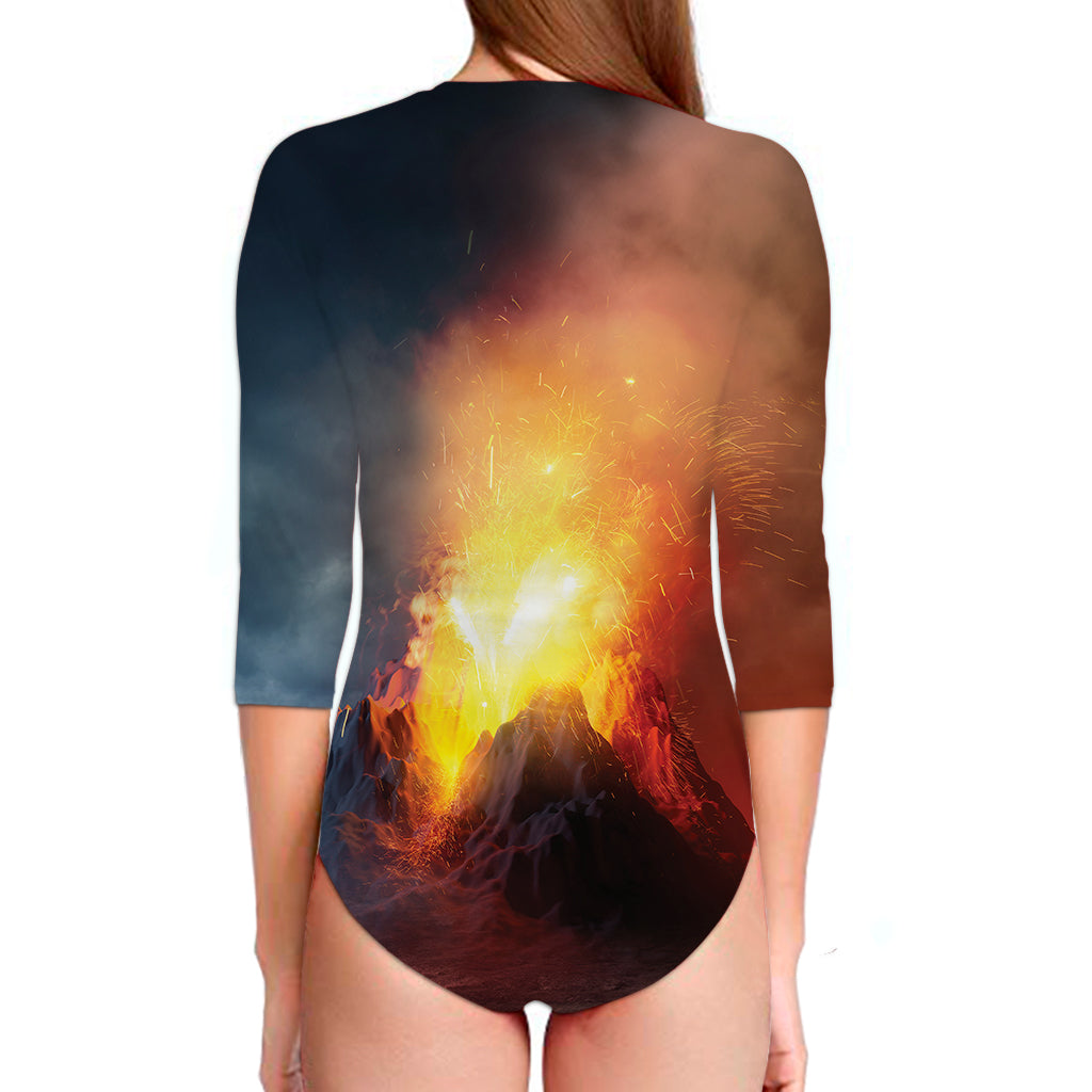 Volcano Eruption Print Long Sleeve Swimsuit