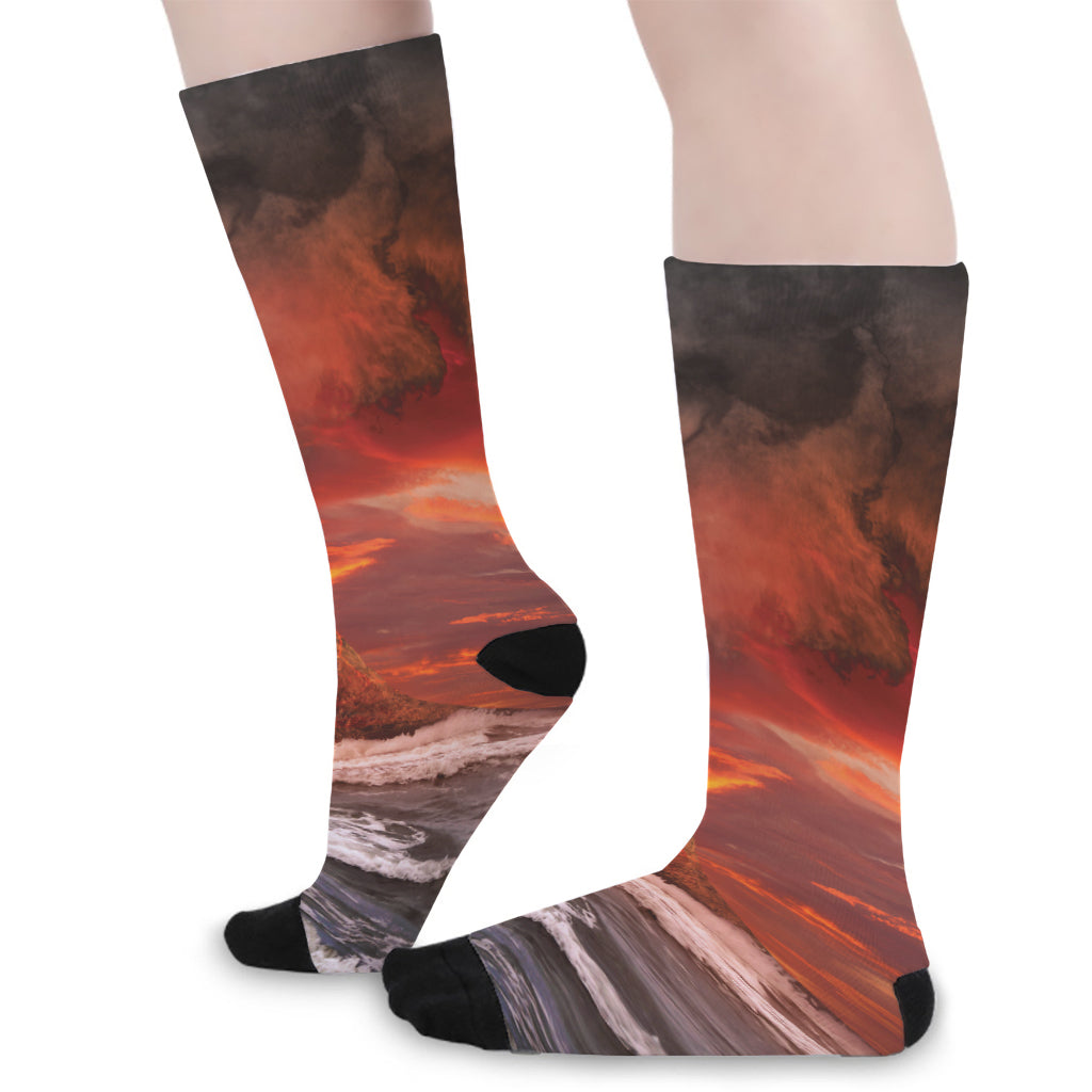 Volcano On The Sea Print Long Socks