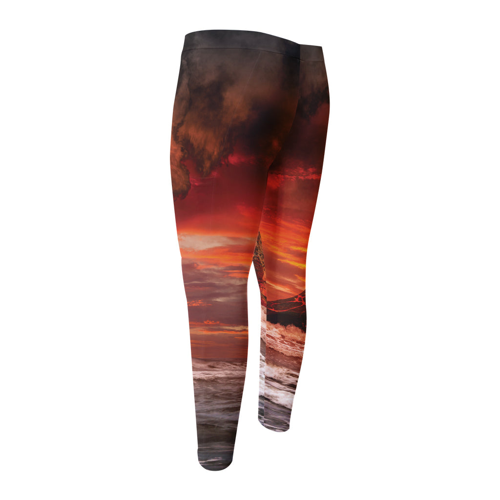Volcano On The Sea Print Men's Compression Pants