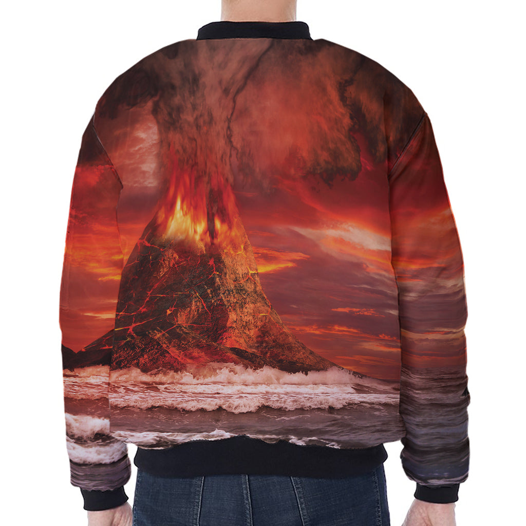 Volcano On The Sea Print Zip Sleeve Bomber Jacket