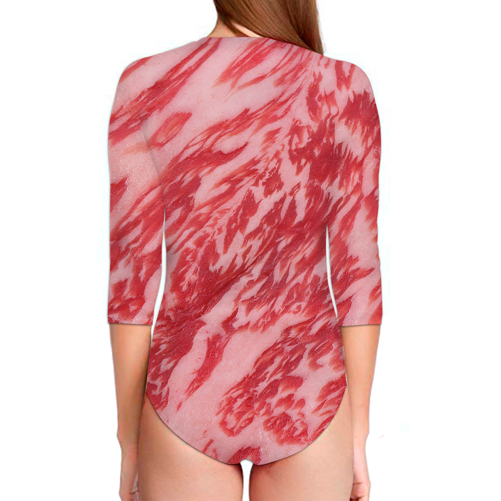 Wagyu Beef Meat Print Long Sleeve Swimsuit