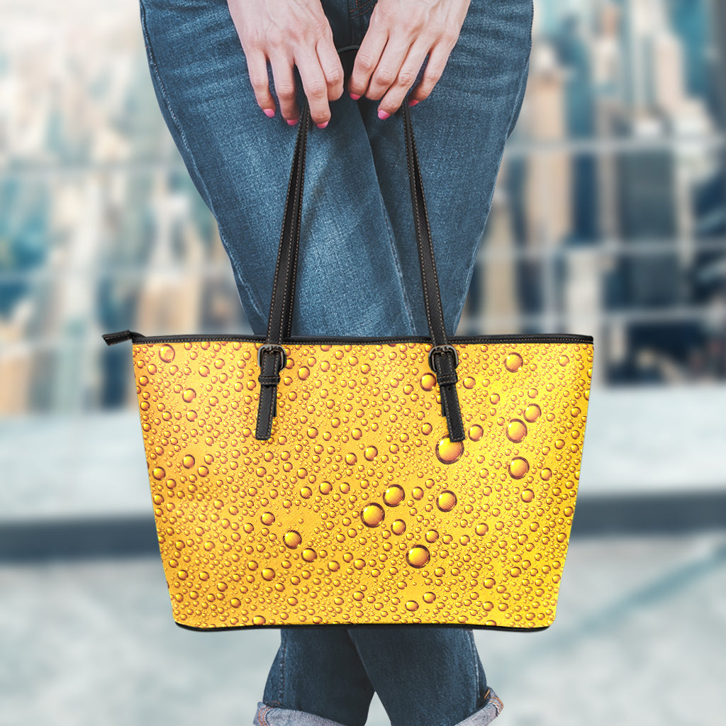 Water Drops On Beer Print Leather Tote Bag