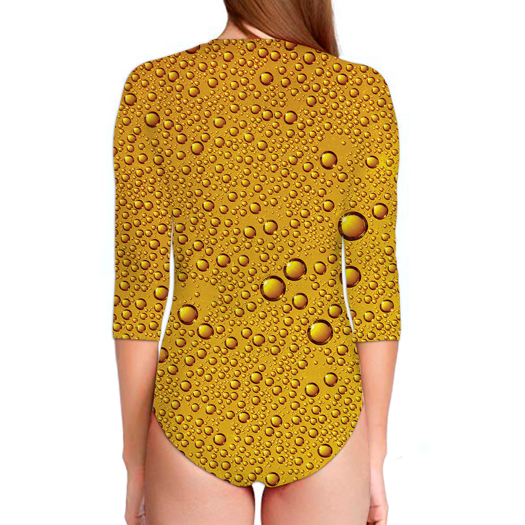 Water Drops On Beer Print Long Sleeve Swimsuit