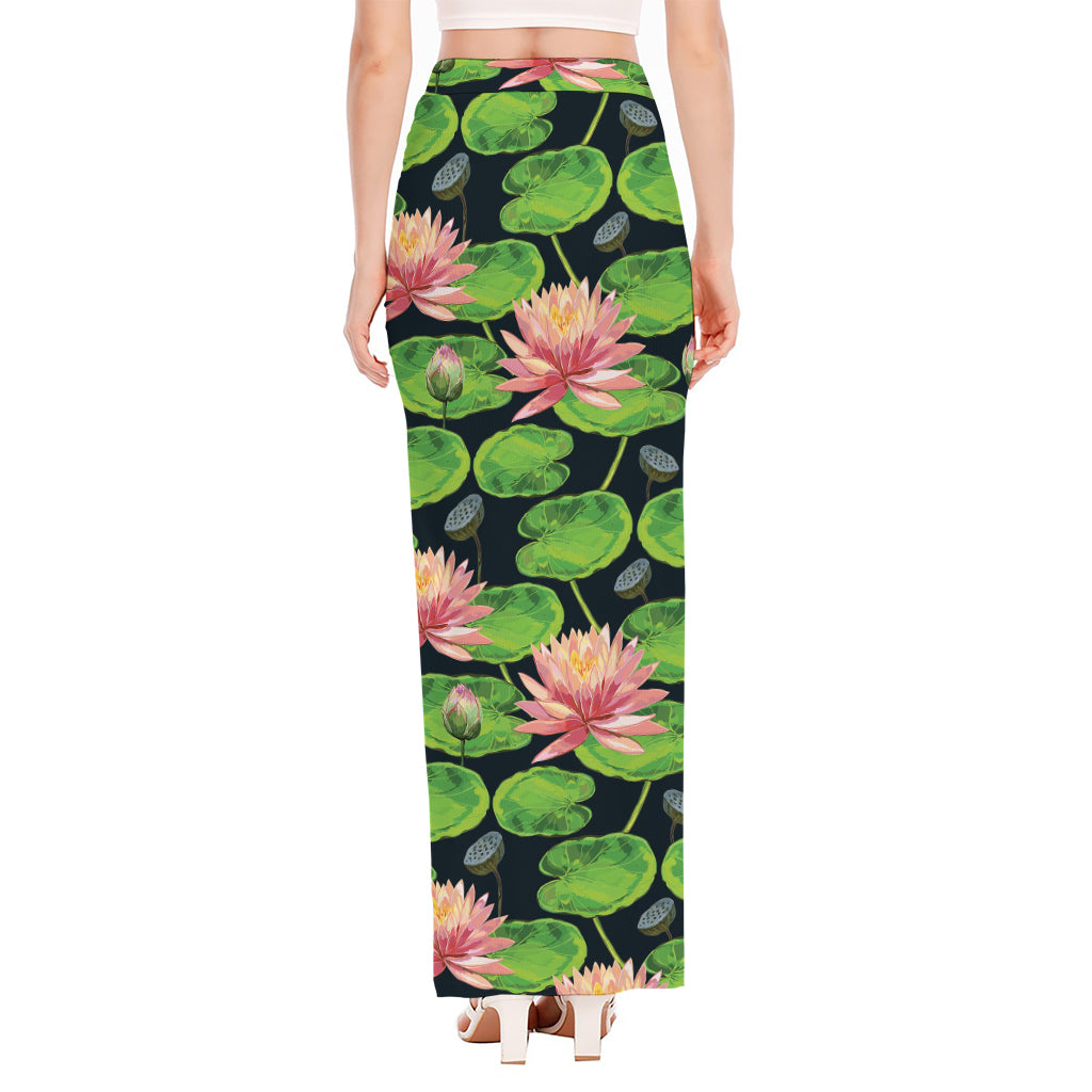 Water Lily Flower Pattern Print High Slit Maxi Skirt