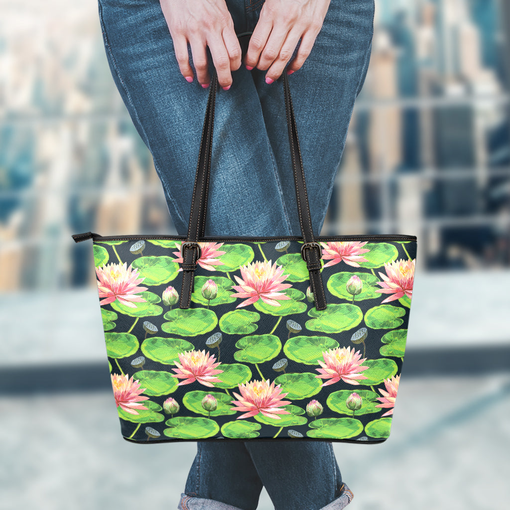 Water Lily Flower Pattern Print Leather Tote Bag