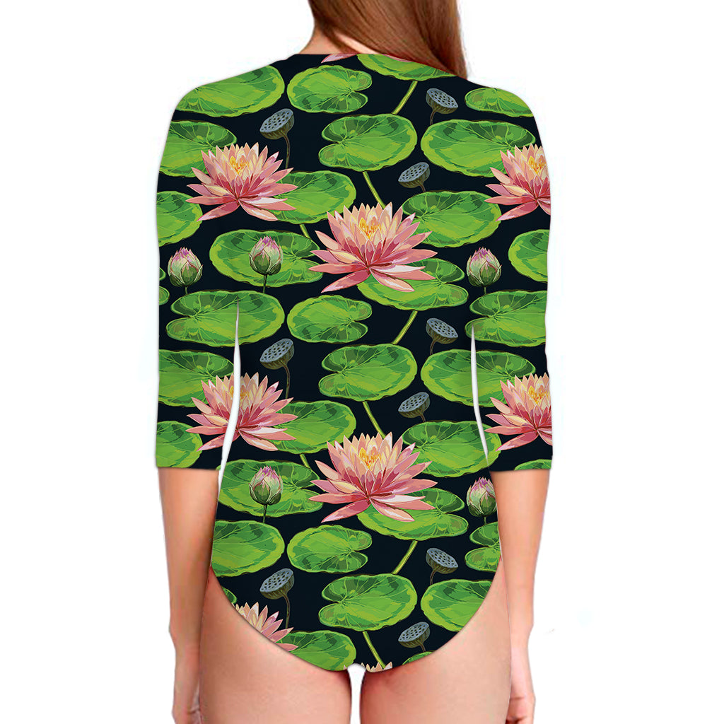 Water Lily Flower Pattern Print Long Sleeve Swimsuit