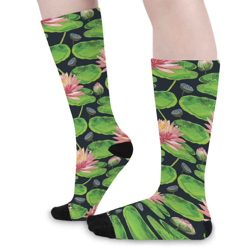 Water Lily Flower Pattern Print Long Socks
