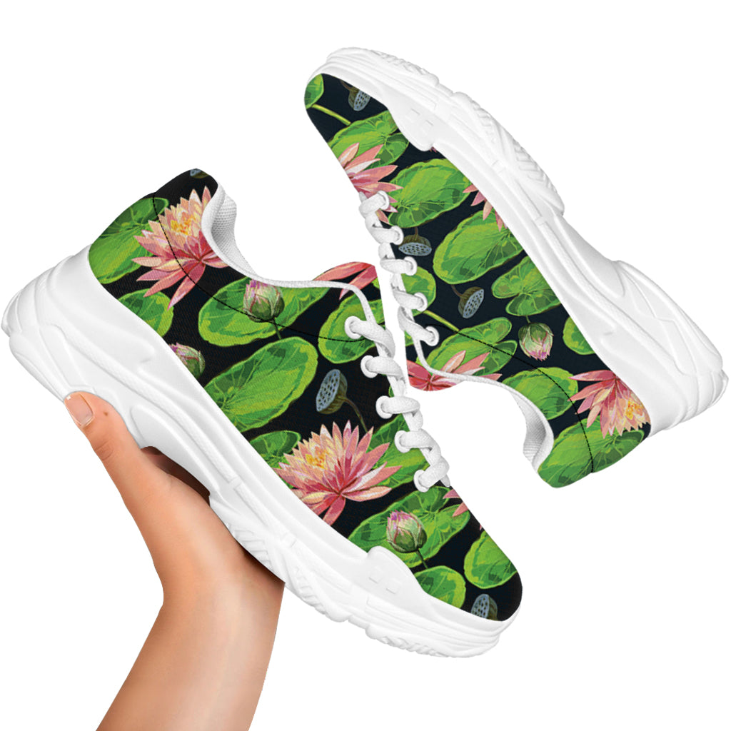 Water Lily Flower Pattern Print White Chunky Shoes