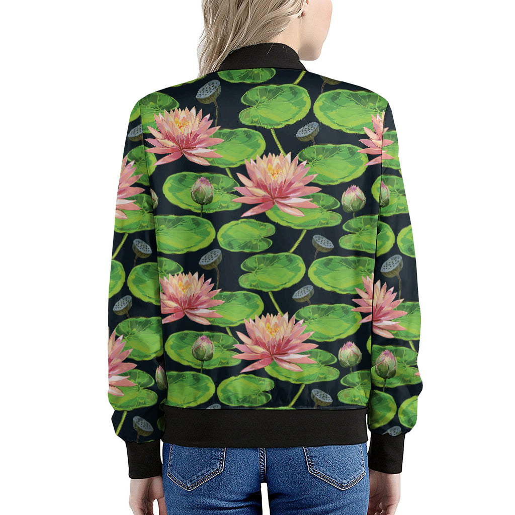 Water Lily Flower Pattern Print Women's Bomber Jacket