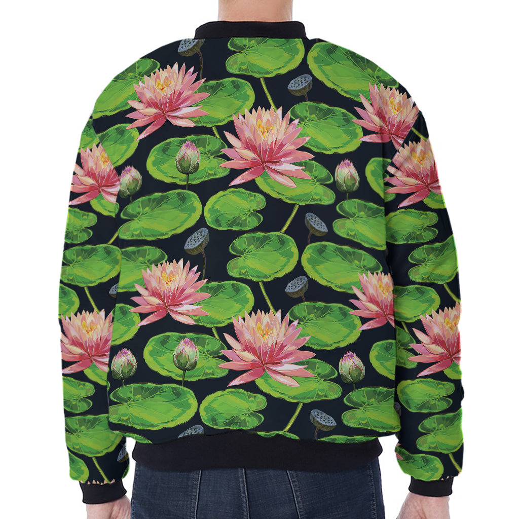 Water Lily Flower Pattern Print Zip Sleeve Bomber Jacket