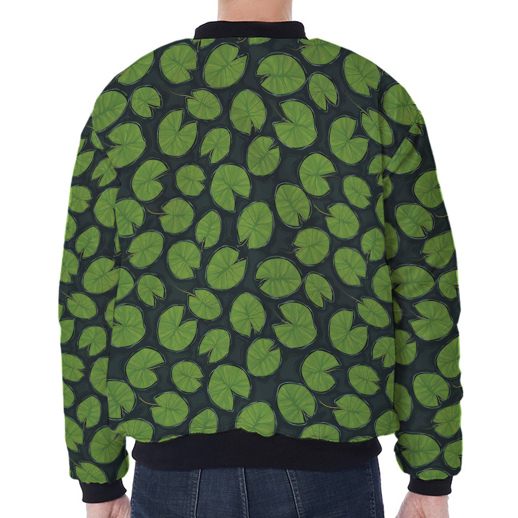 Water Lily Pads Pattern Print Zip Sleeve Bomber Jacket