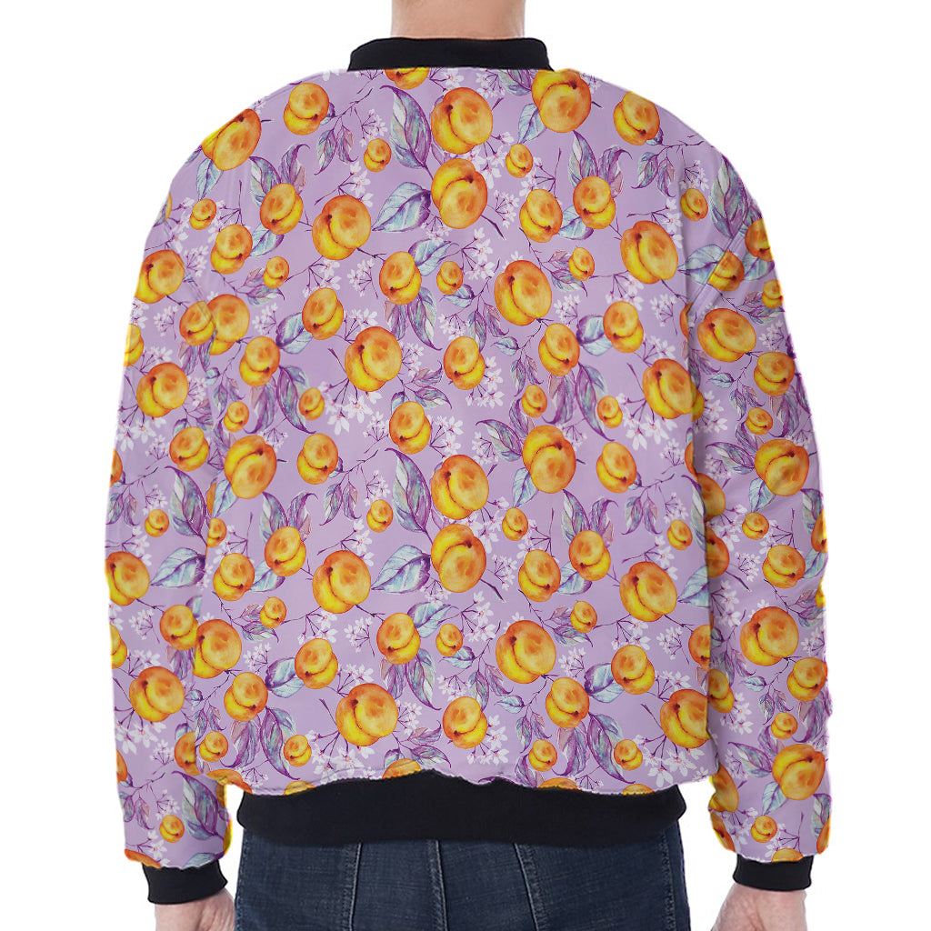 Watercolor Apricot Fruit Pattern Print Zip Sleeve Bomber Jacket