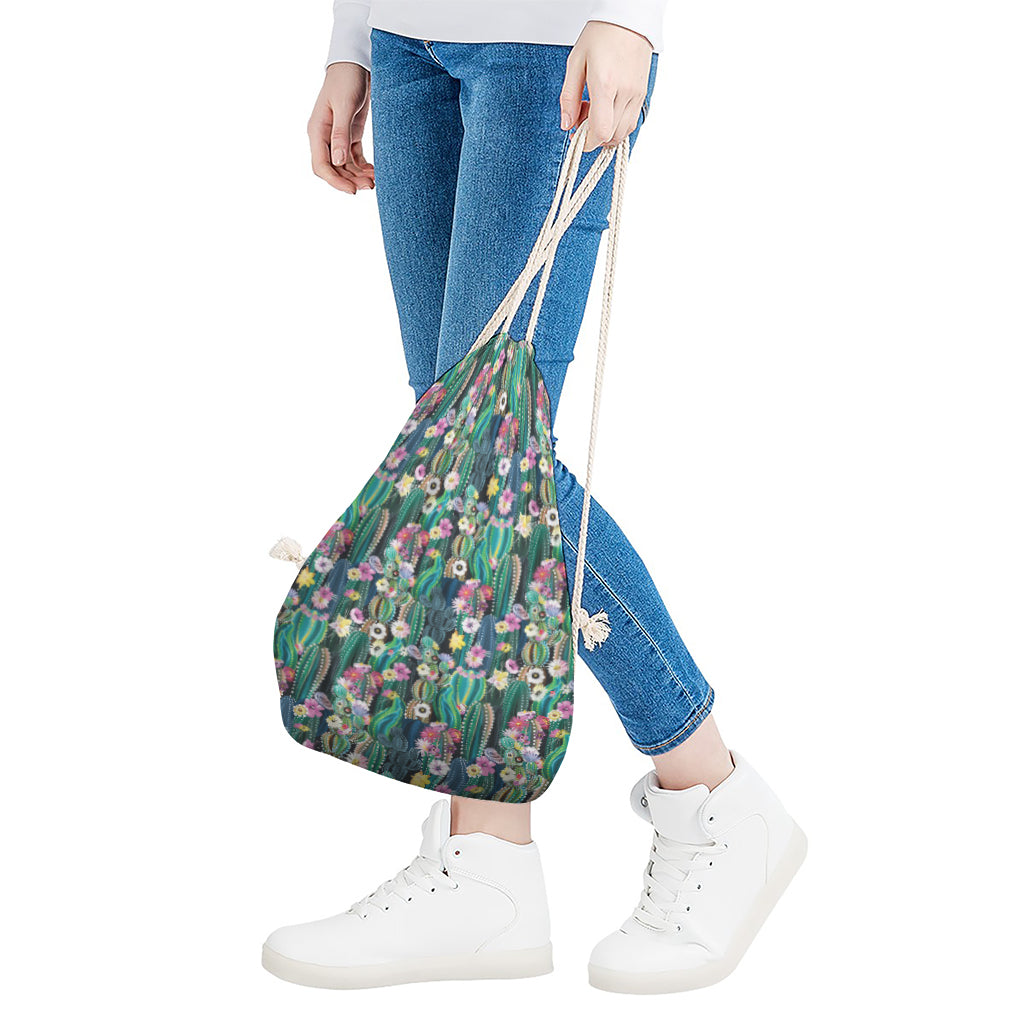 Watercolor Blooming Cactus Print Drawstring Bag