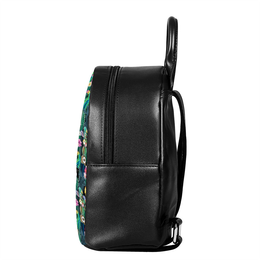 Watercolor Blooming Cactus Print Leather Backpack