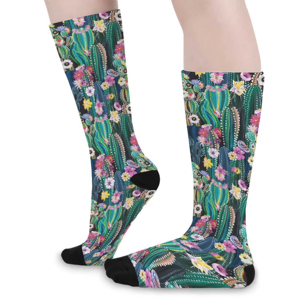 Watercolor Blooming Cactus Print Long Socks