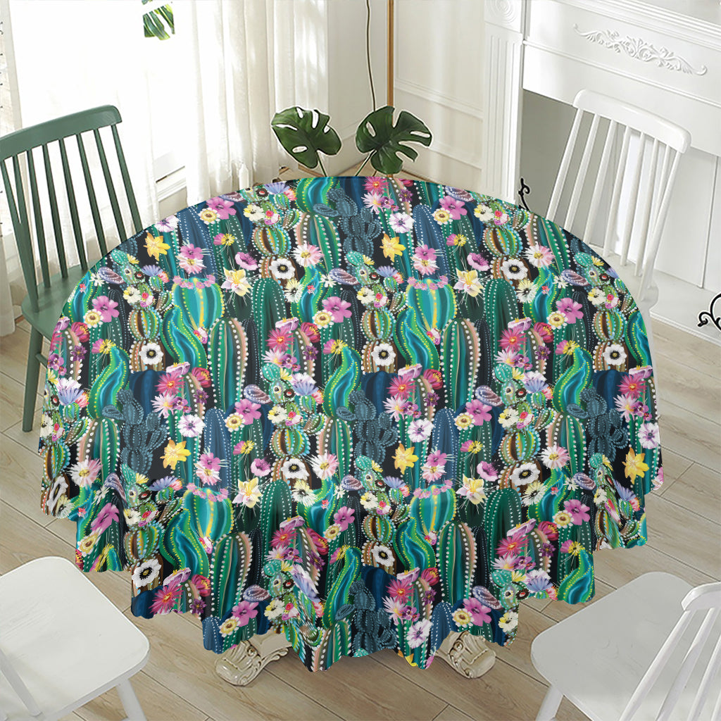 Watercolor Blooming Cactus Print Waterproof Round Tablecloth