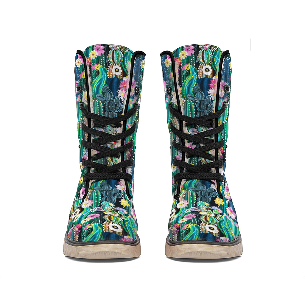 Watercolor Blooming Cactus Print Winter Boots
