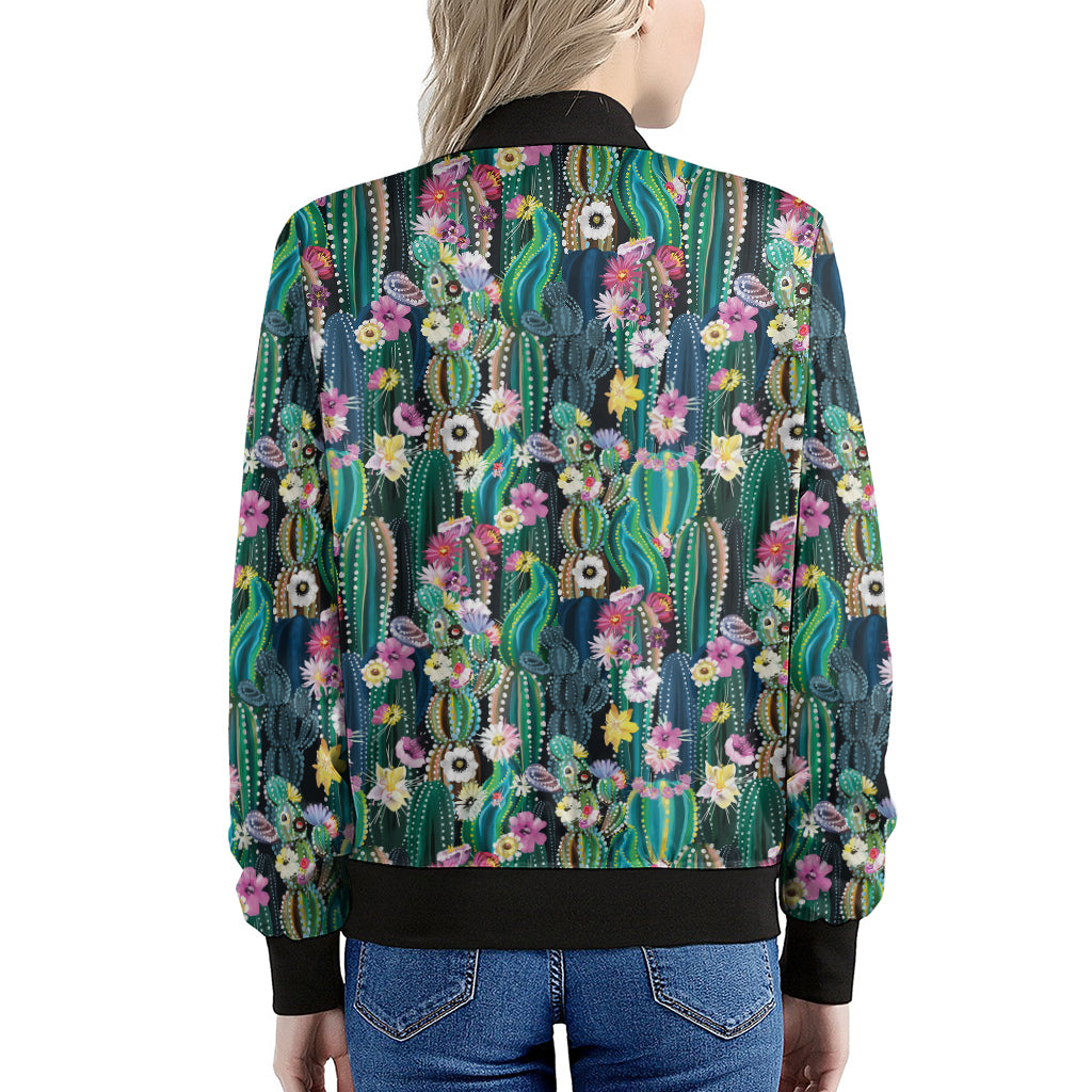 Watercolor Blooming Cactus Print Women's Bomber Jacket