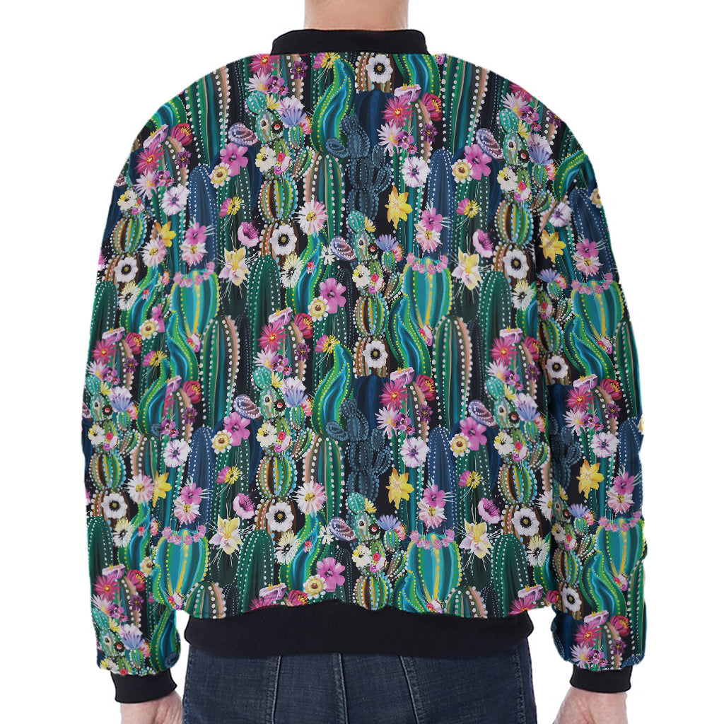 Watercolor Blooming Cactus Print Zip Sleeve Bomber Jacket