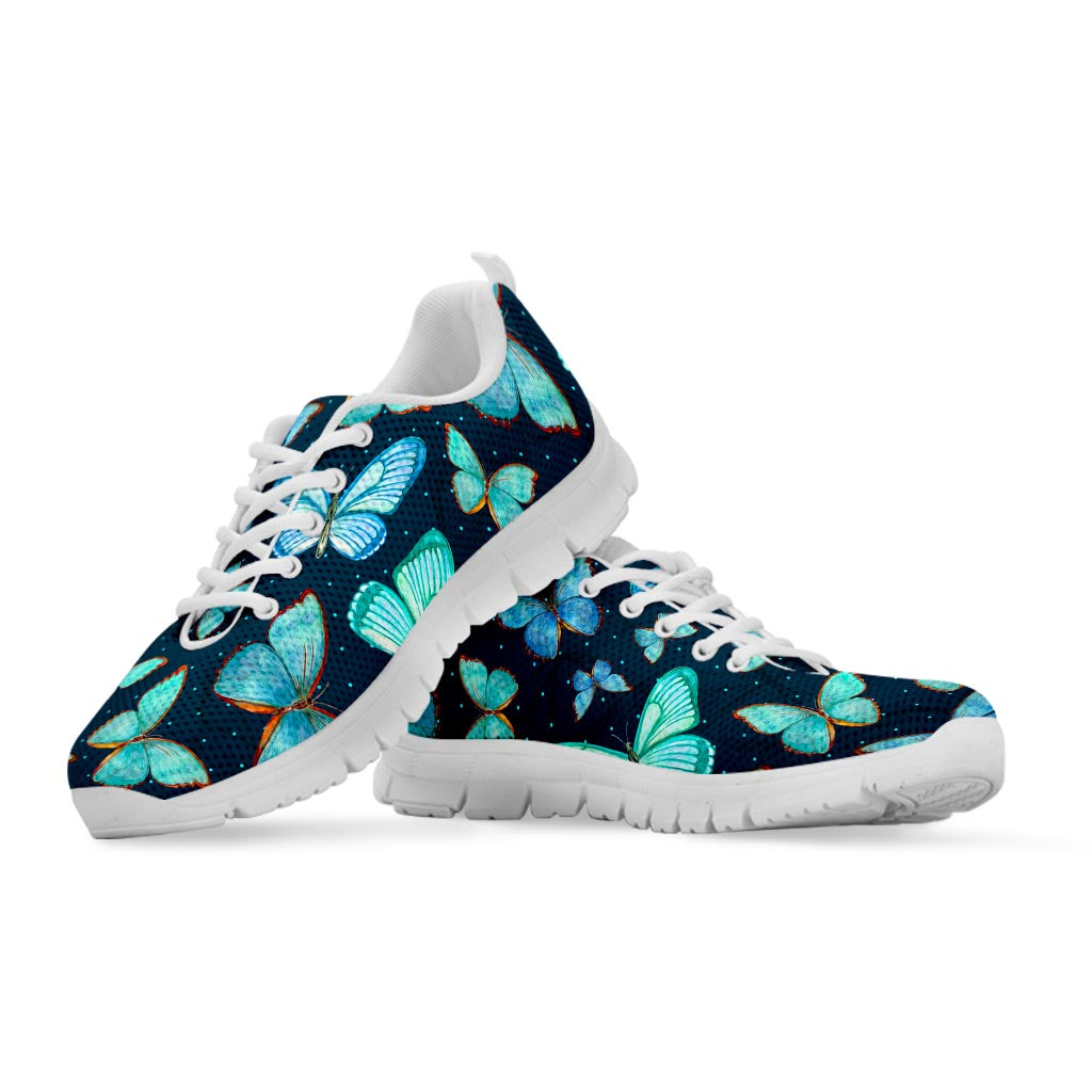 Watercolor Blue Butterfly Pattern Print White Running Shoes