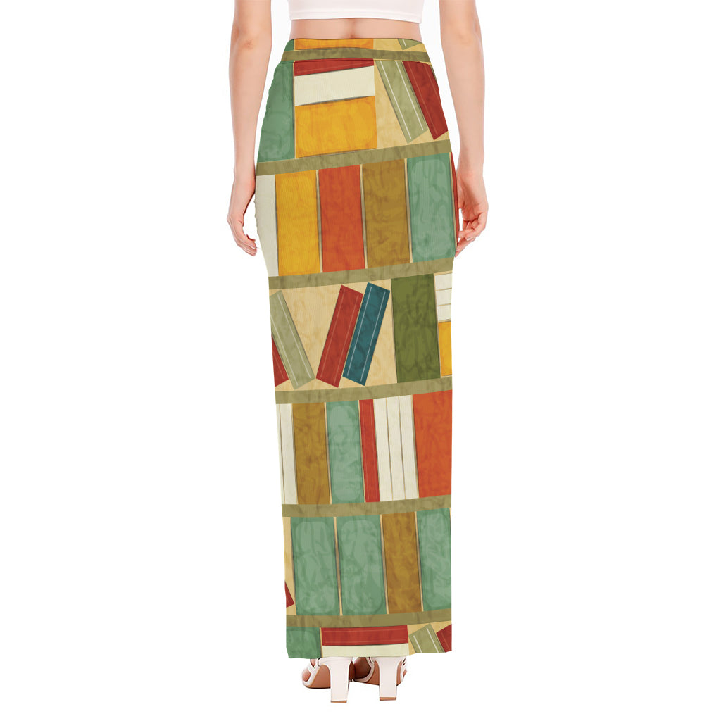 Watercolor Bookshelf Pattern Print High Slit Maxi Skirt