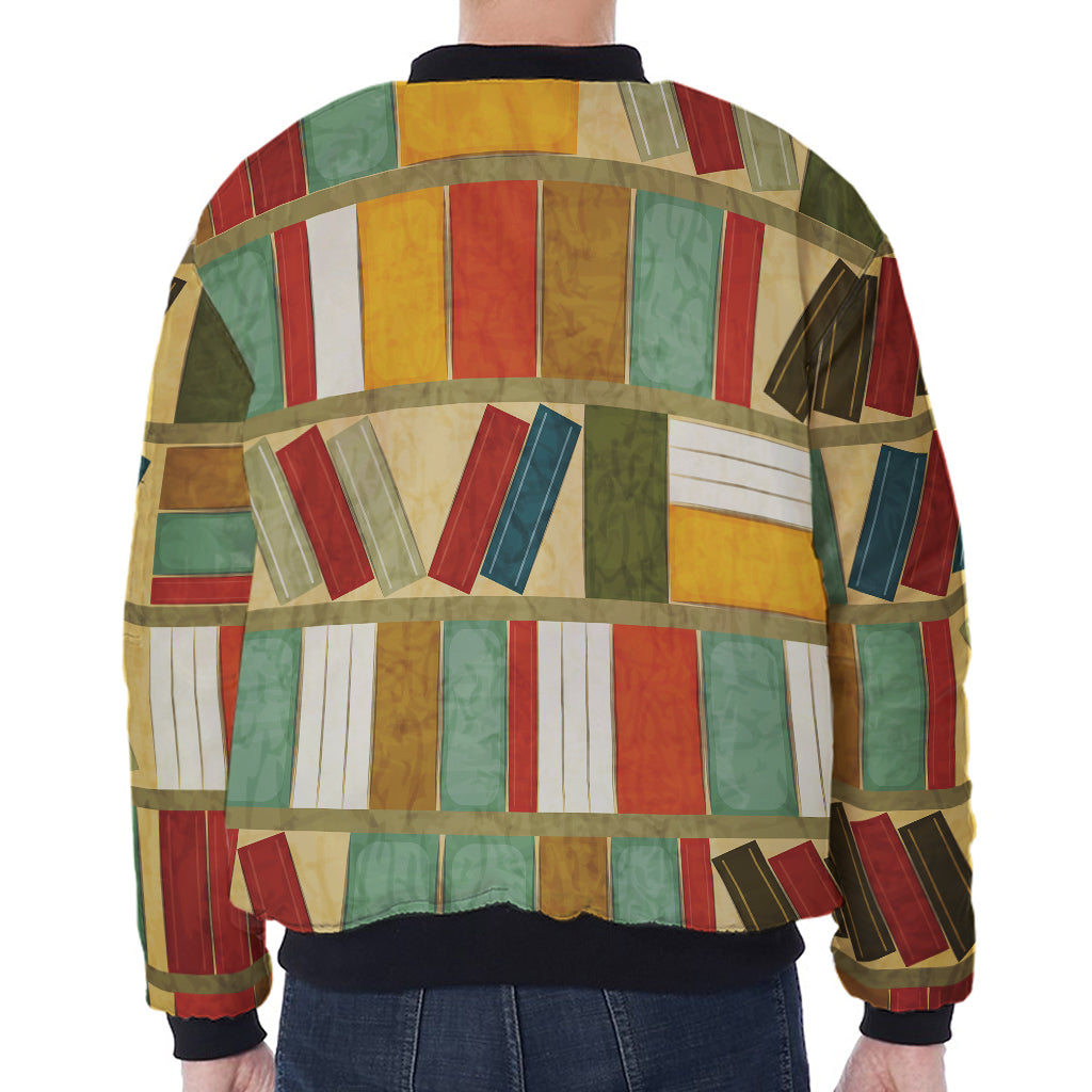 Watercolor Bookshelf Pattern Print Zip Sleeve Bomber Jacket