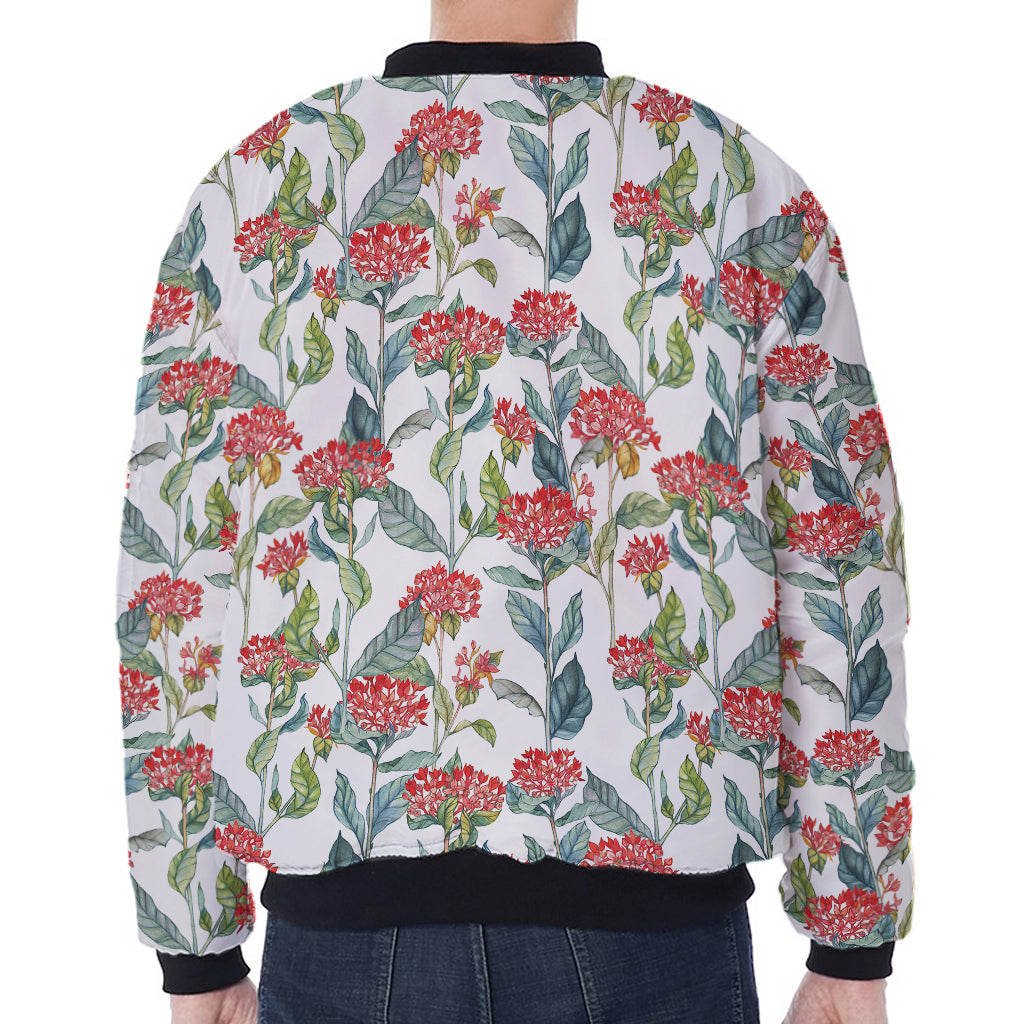 Watercolor Bouvardia Print Zip Sleeve Bomber Jacket