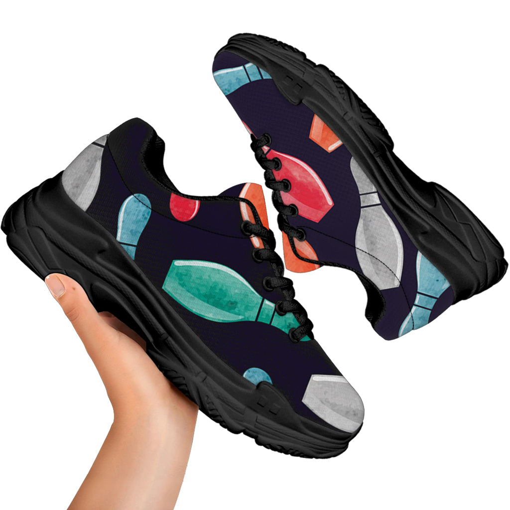 Watercolor Bowling Pins Pattern Print Black Chunky Shoes