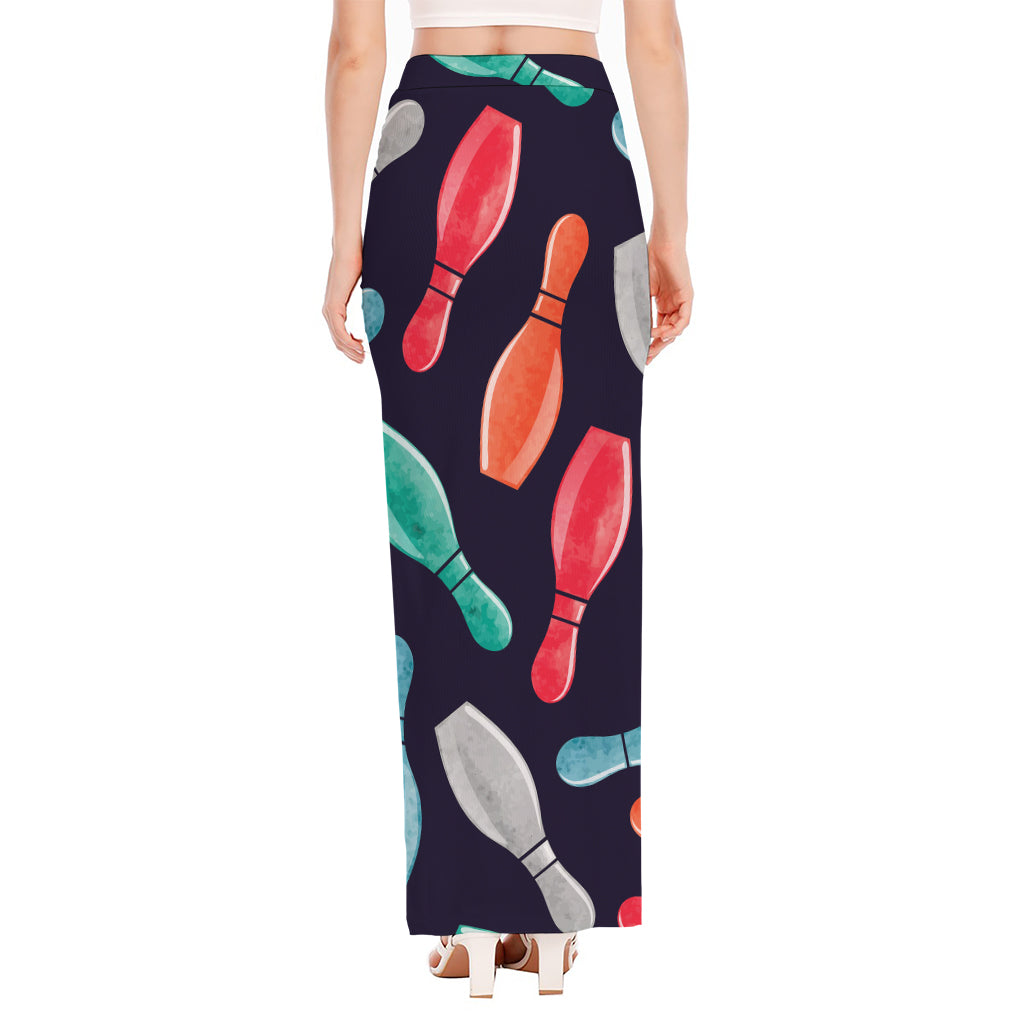 Watercolor Bowling Pins Pattern Print High Slit Maxi Skirt