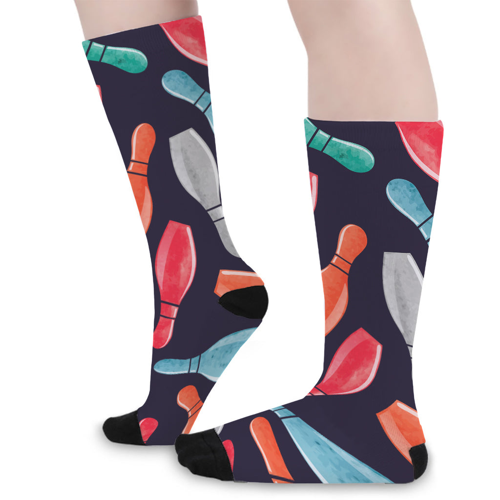 Watercolor Bowling Pins Pattern Print Long Socks