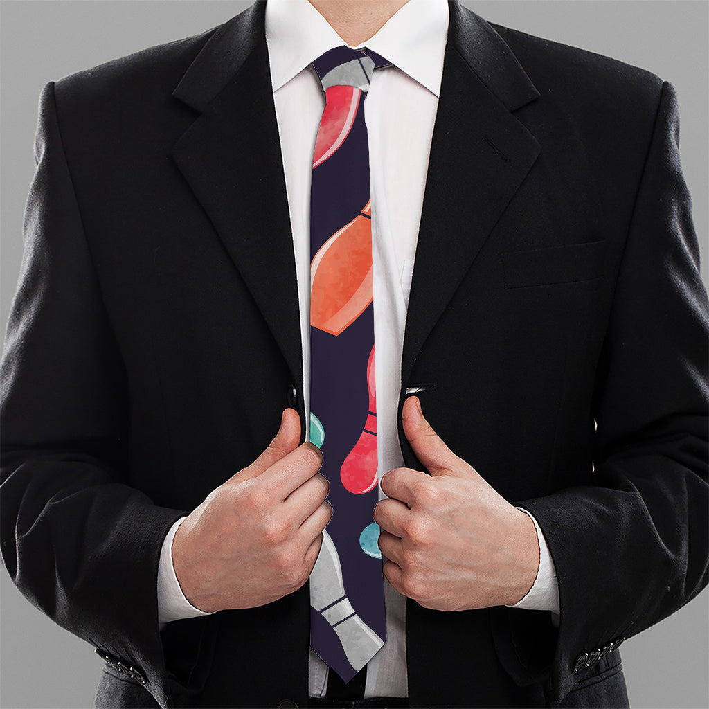 Watercolor Bowling Pins Pattern Print Necktie