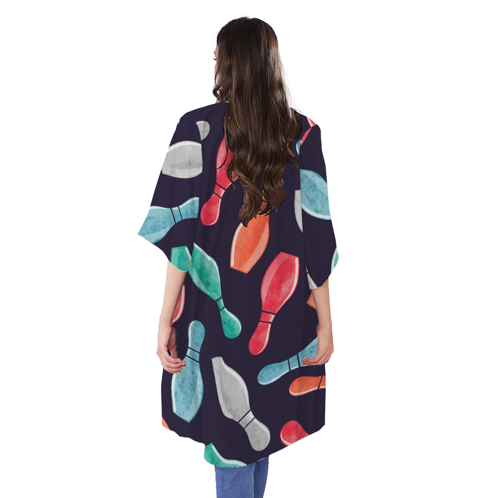 Watercolor Bowling Pins Pattern Print Open Front Beach Cover Up