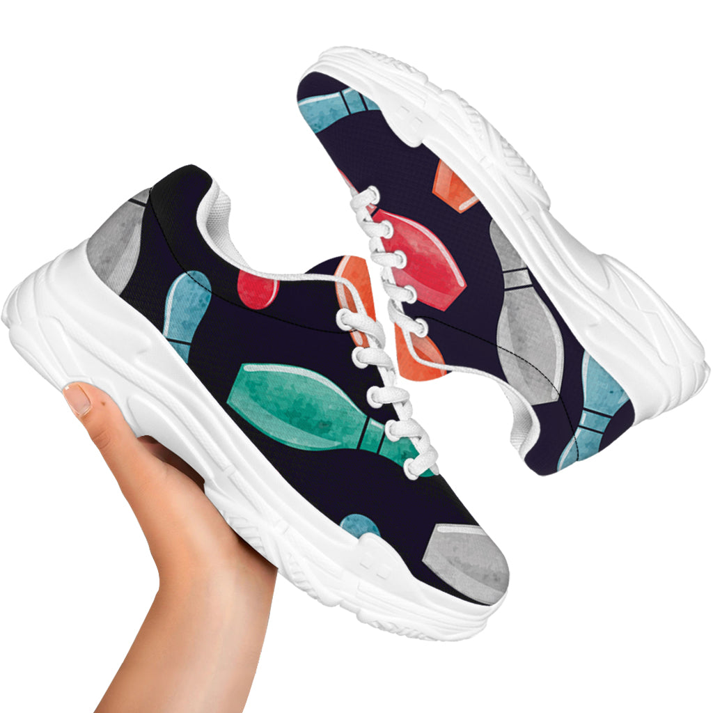 Watercolor Bowling Pins Pattern Print White Chunky Shoes