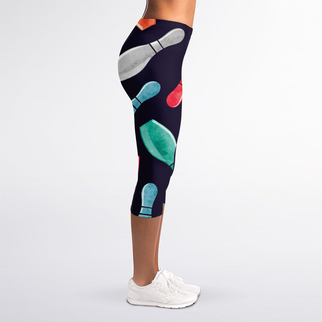 Watercolor Bowling Pins Pattern Print Women's Capri Leggings