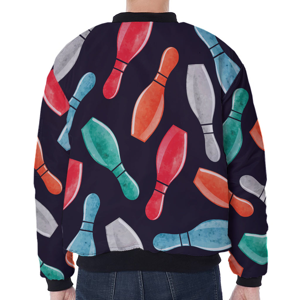 Watercolor Bowling Pins Pattern Print Zip Sleeve Bomber Jacket