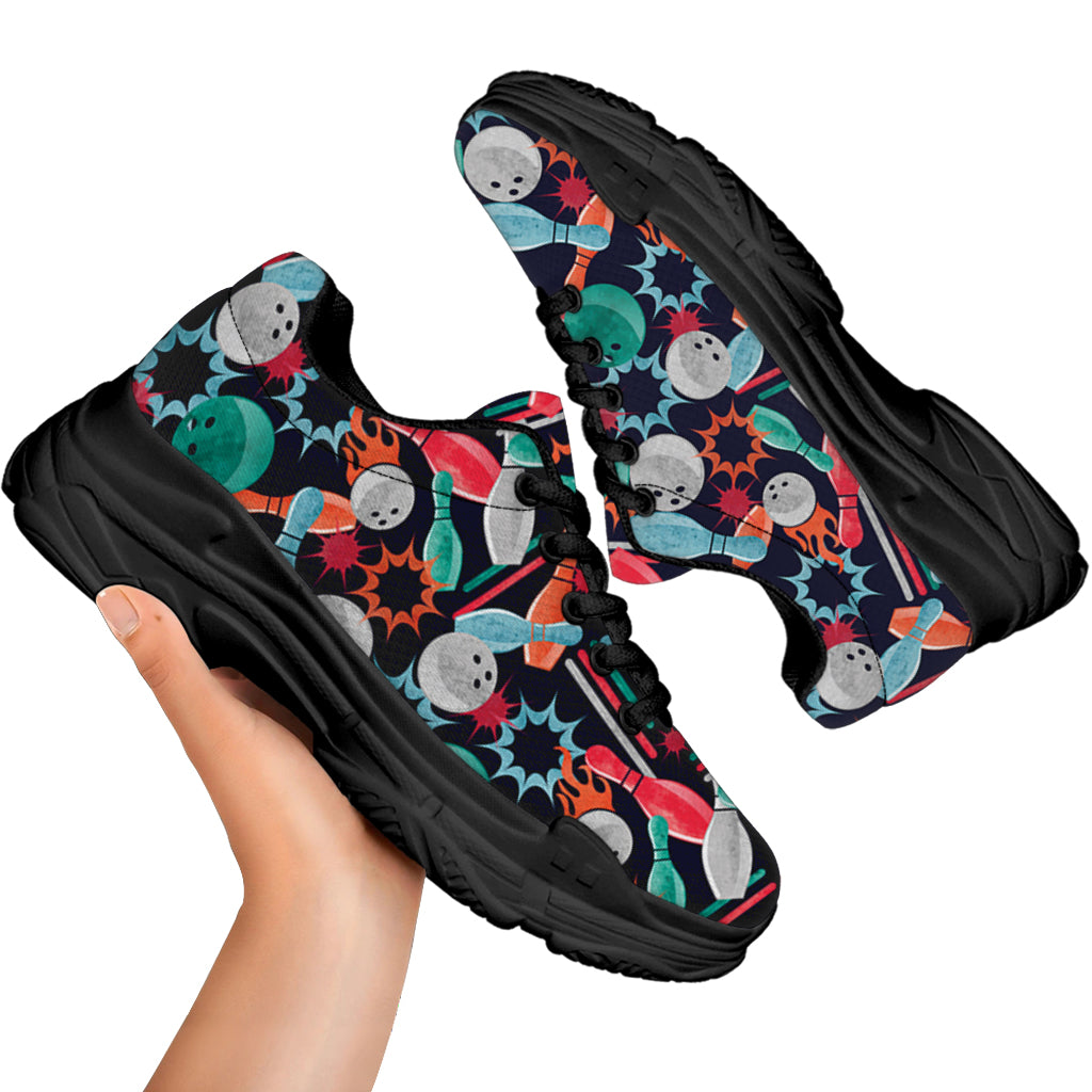Watercolor Bowling Theme Pattern Print Black Chunky Shoes