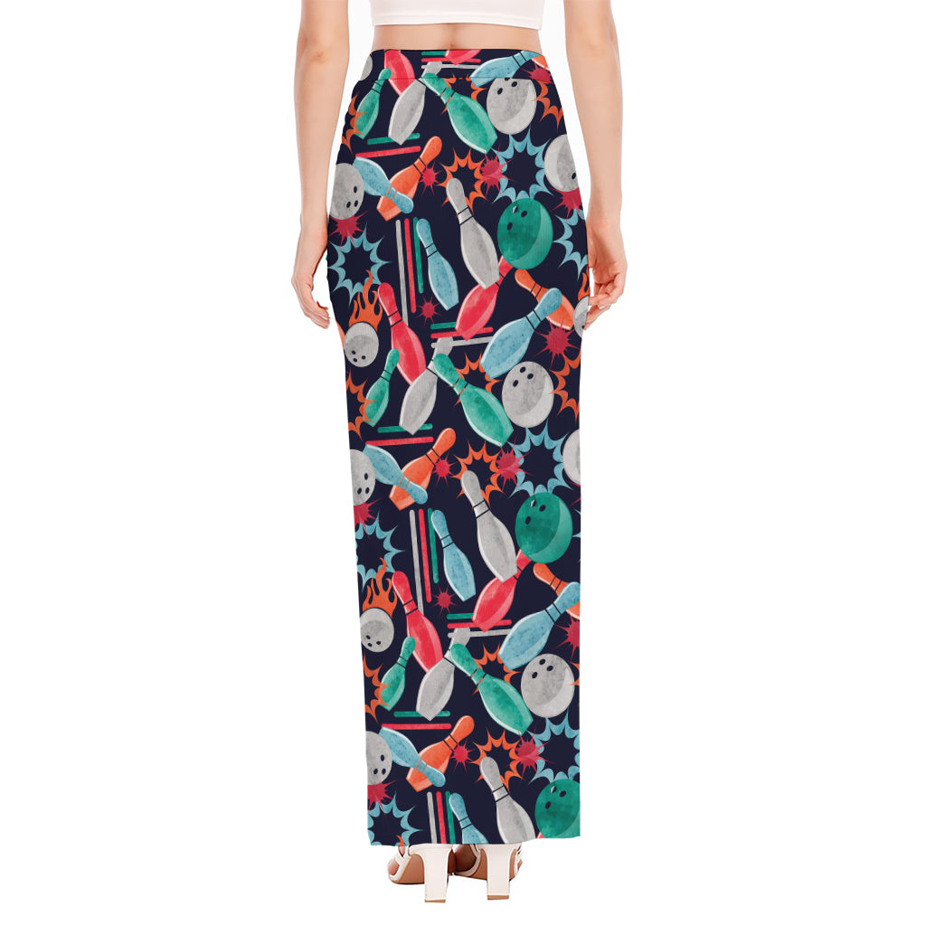 Watercolor Bowling Theme Pattern Print High Slit Maxi Skirt