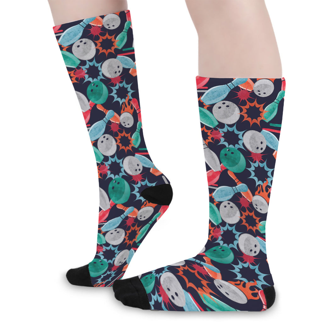 Watercolor Bowling Theme Pattern Print Long Socks