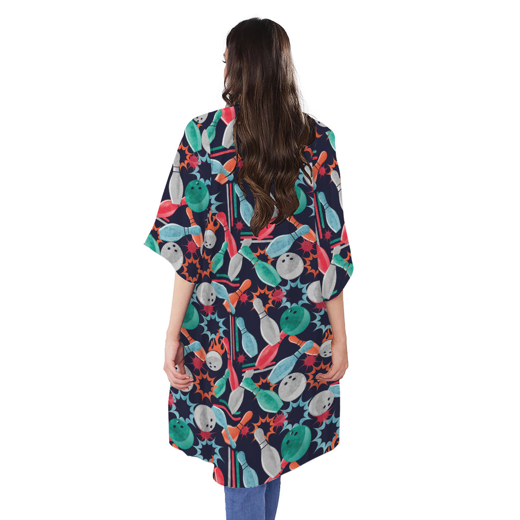 Watercolor Bowling Theme Pattern Print Open Front Beach Cover Up