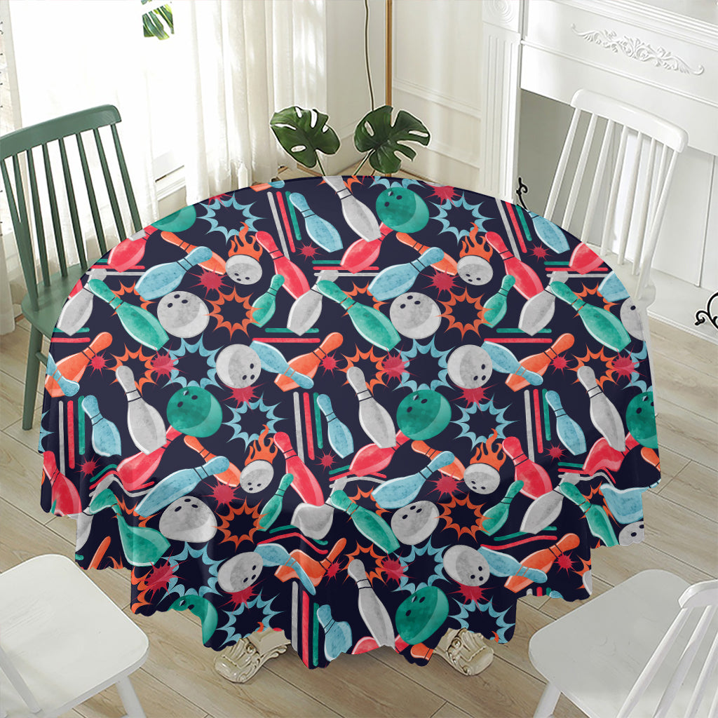 Watercolor Bowling Theme Pattern Print Waterproof Round Tablecloth