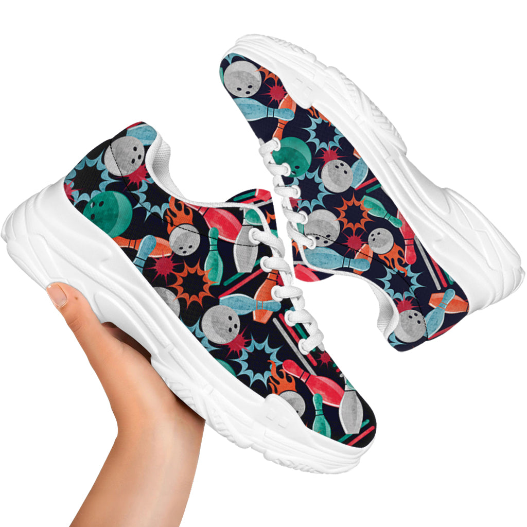 Watercolor Bowling Theme Pattern Print White Chunky Shoes