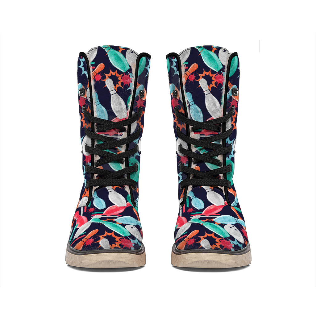 Watercolor Bowling Theme Pattern Print Winter Boots