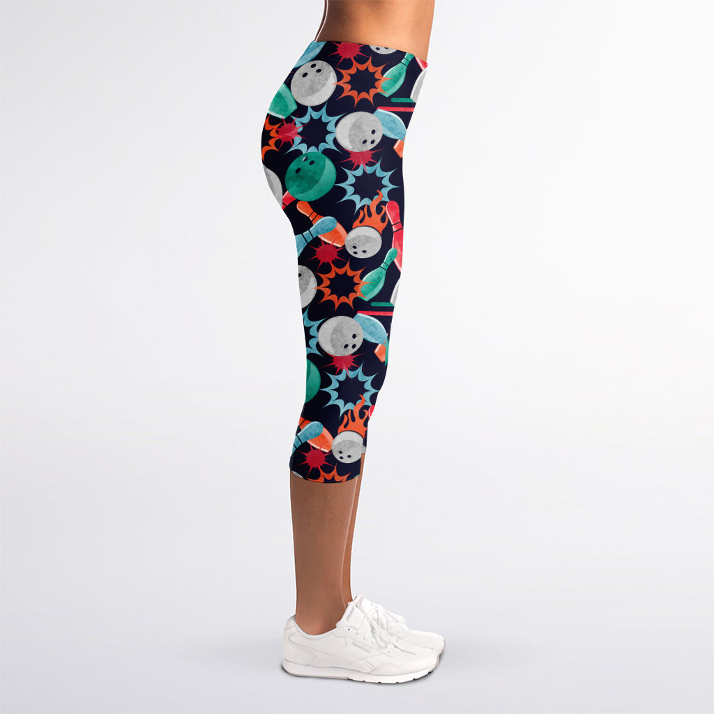 Watercolor Bowling Theme Pattern Print Women's Capri Leggings