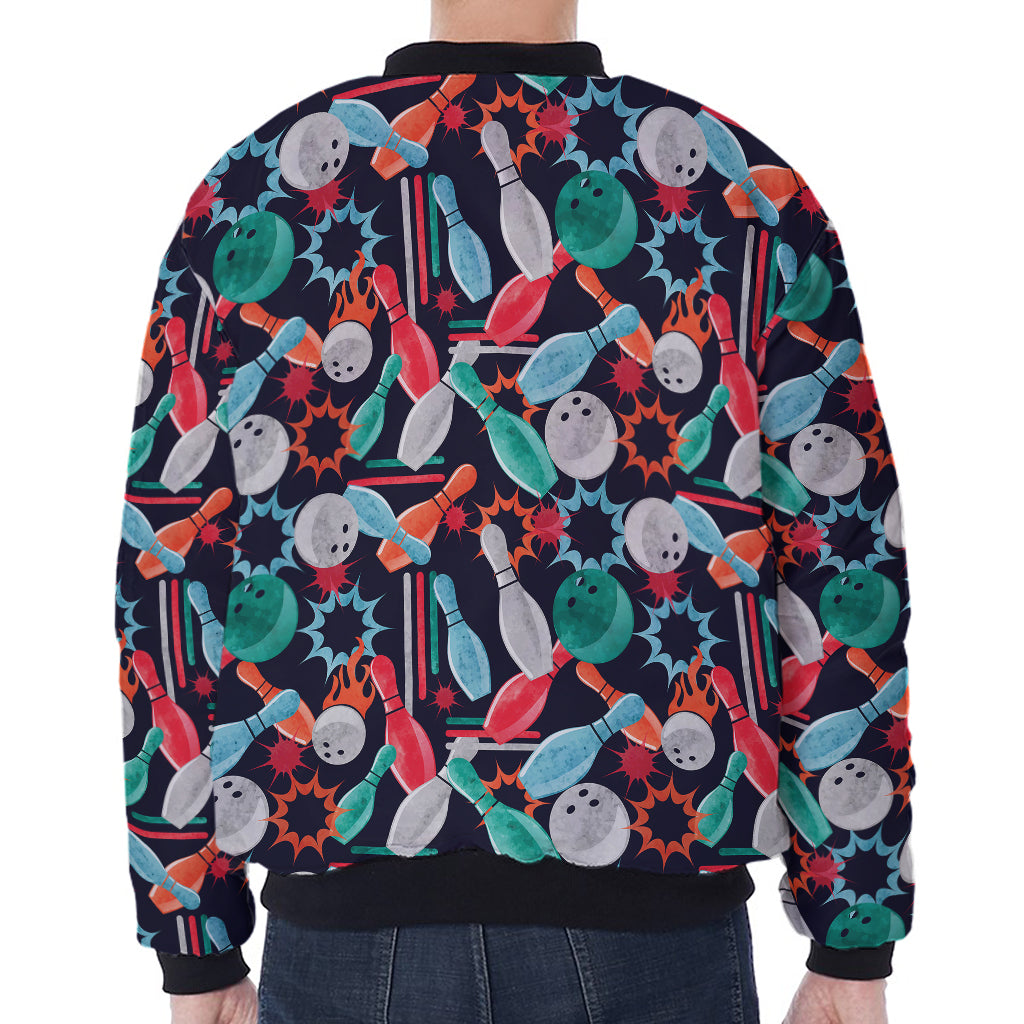 Watercolor Bowling Theme Pattern Print Zip Sleeve Bomber Jacket