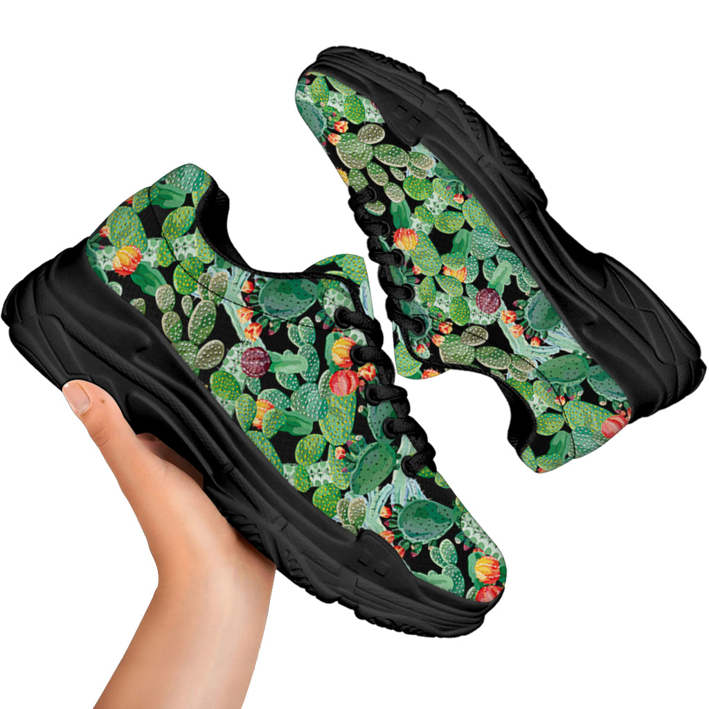 Watercolor Cactus Plant Print Black Chunky Shoes