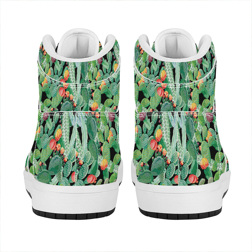 Watercolor Cactus Plant Print High Top Leather Sneakers