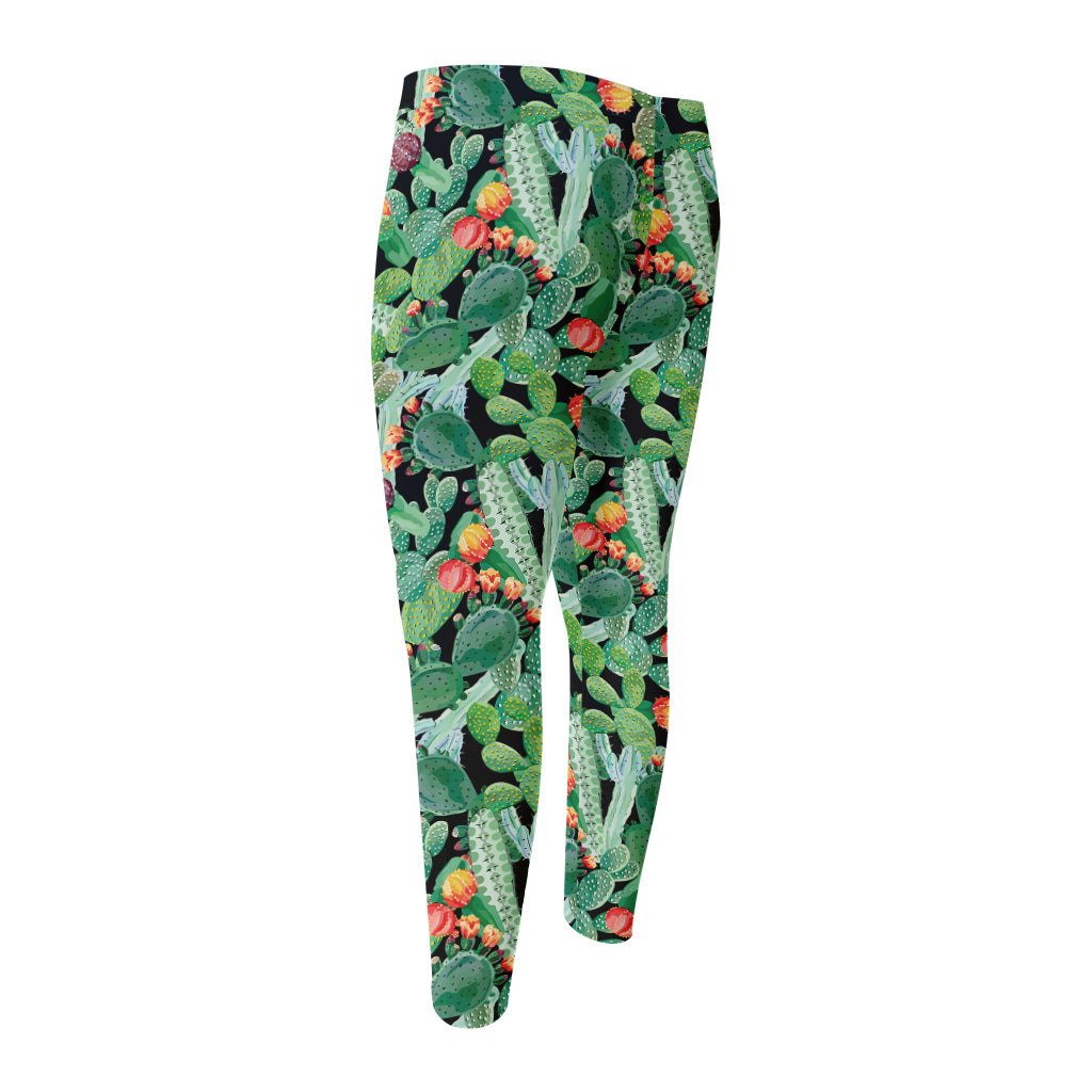 Watercolor Cactus Plant Print Men's Compression Pants