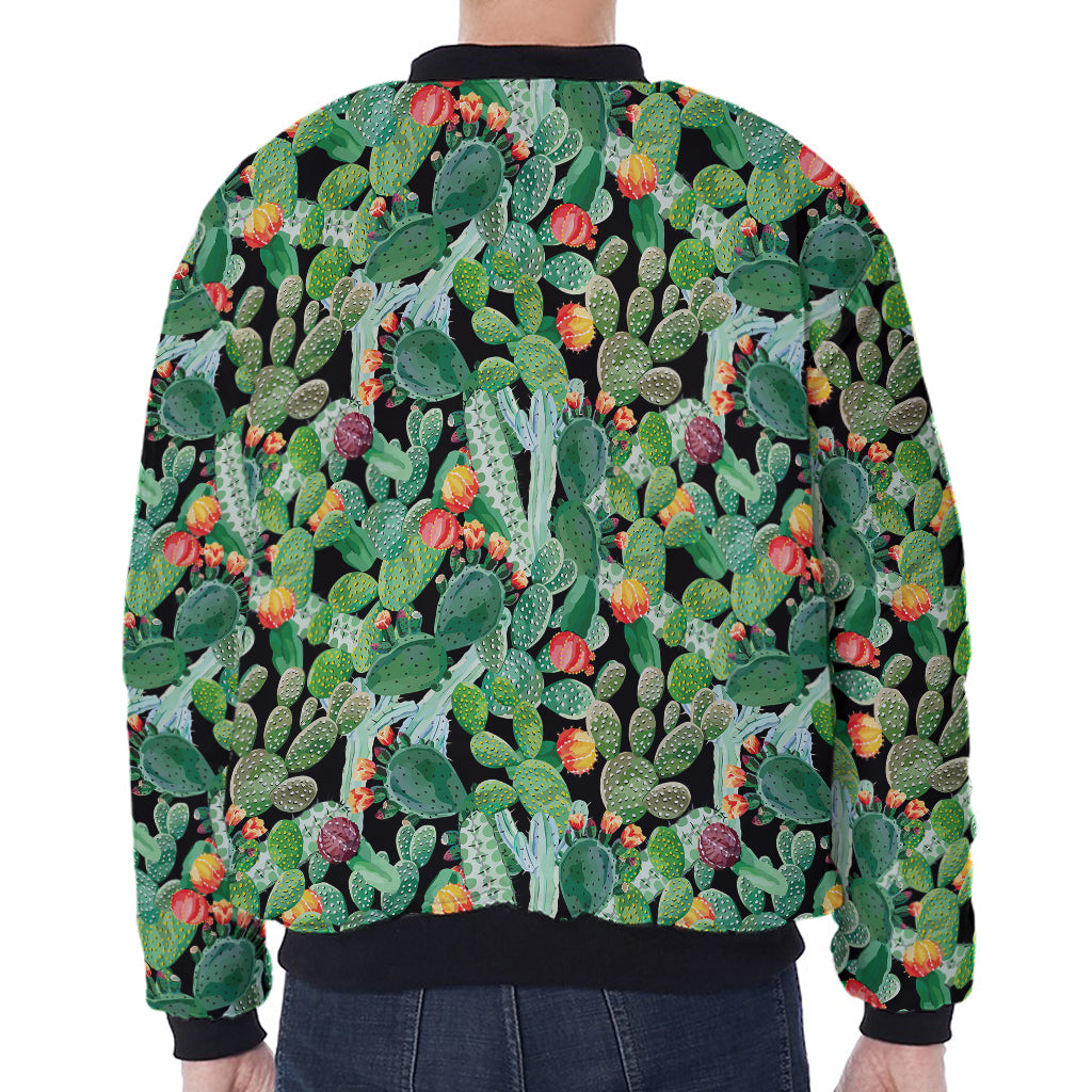 Watercolor Cactus Plant Print Zip Sleeve Bomber Jacket
