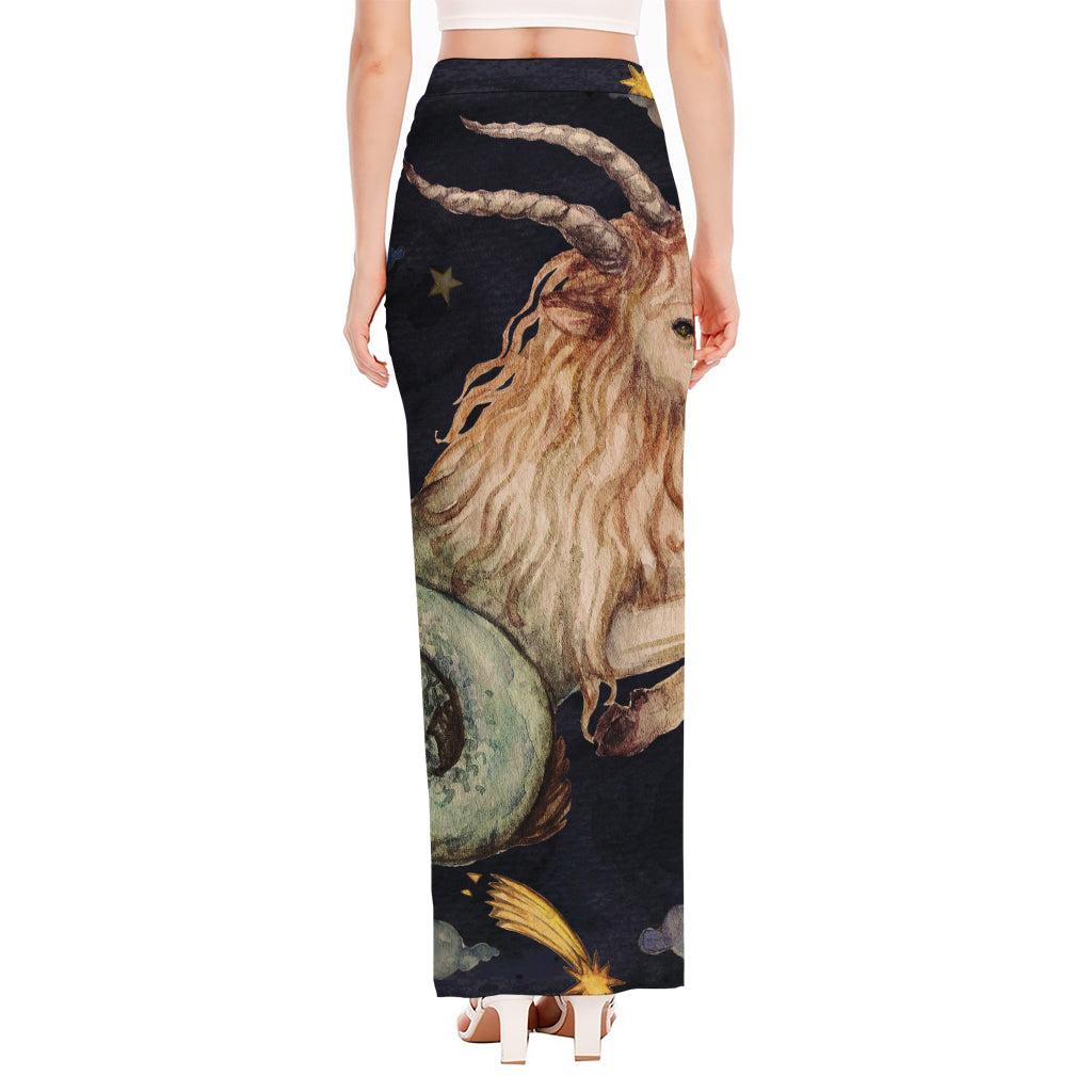 Watercolor Capricorn Zodiac Sign Print High Slit Maxi Skirt